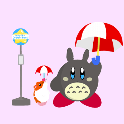 Illustration of Kirby standing by a bus station