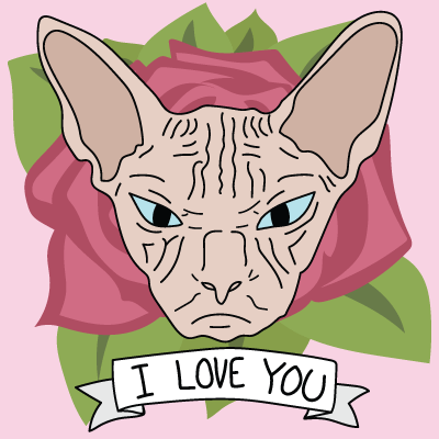 Illustration of a sphynx cat with the text I love you